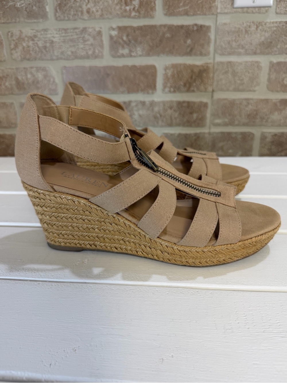 Lauren Ralph Lauren Kelcie Espadrille Wedge Sandals Beige Linen Zip Front SZ 8B